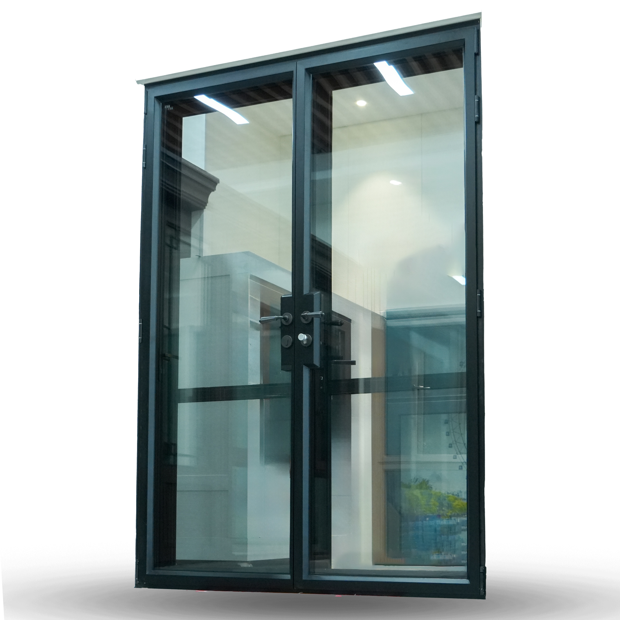 Modern Finished Exterior Aluminum Black 76 Model French Casement Doors Soundproof Hurricane Proof Impact Resistant Glass Doors