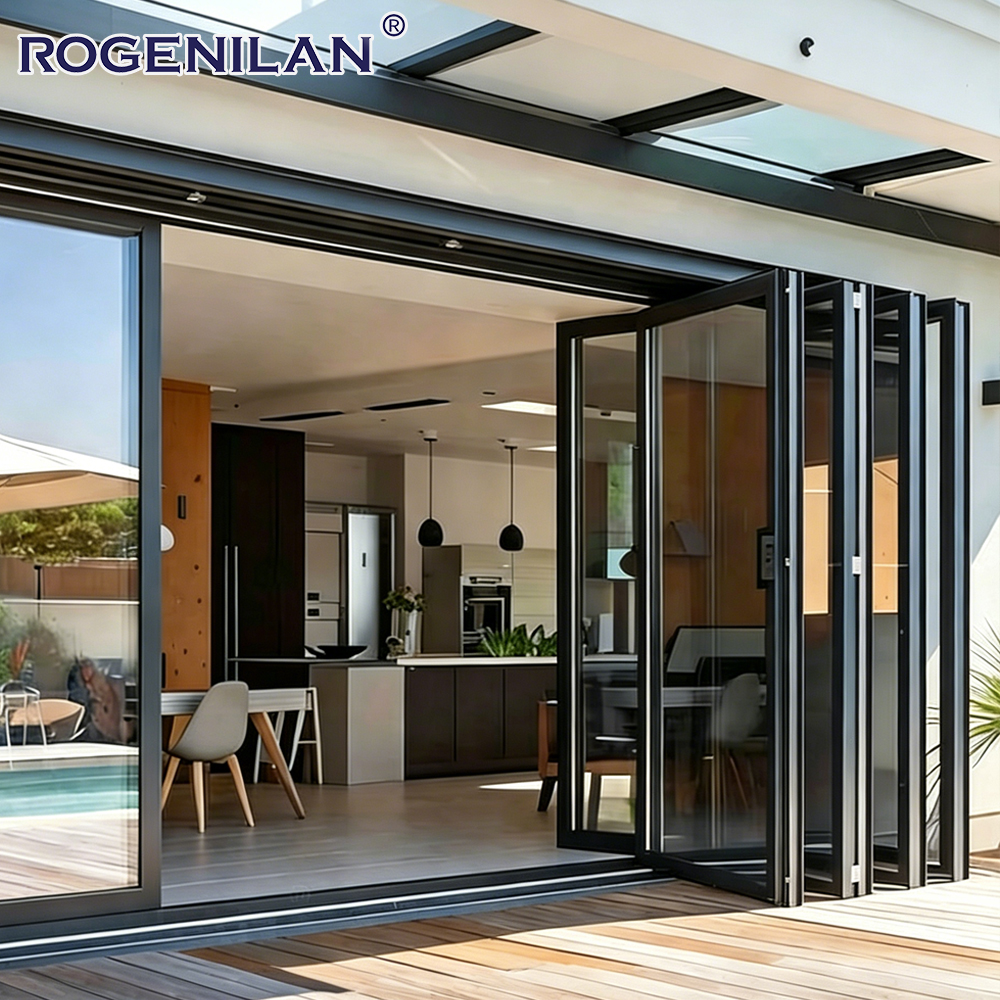 Rogenilan Modern Energy-Efficient Aluminium Glass Accordion Folding Door Double Tempered Glazed Bifold Door for Patio