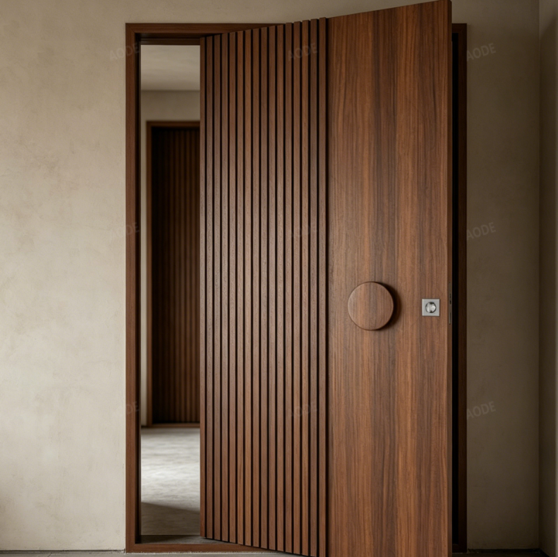 Black Walnut Solid Wood Pivot Door, Modern Security Exterior Front Entry Door With Smart Lock For Home