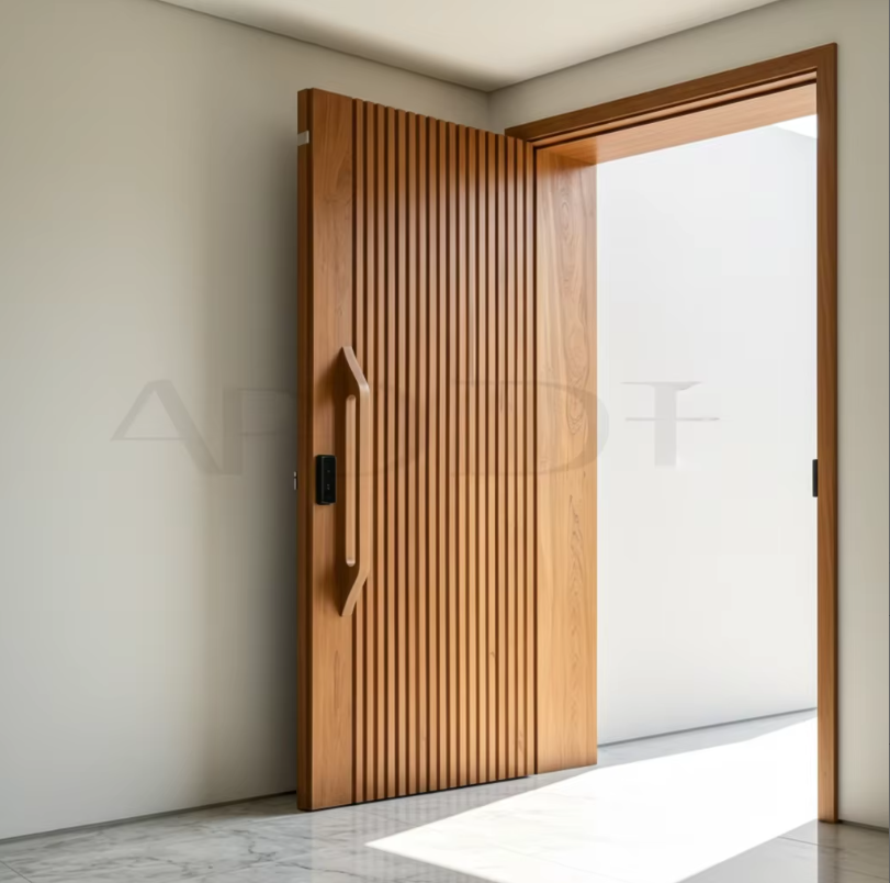 Custom Solid Wood Fluted Sliding Door, Modern Large View Patio Wooden Pivot Door For Villa Kitchen Exterior Entrance