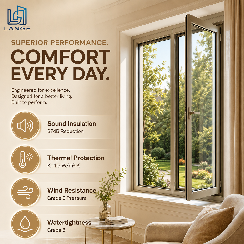 LANGE Hurricane Proof Low-E Glass Casement Windows with Screens Outward Opening Aluminum Windows for Villa Residential Houses