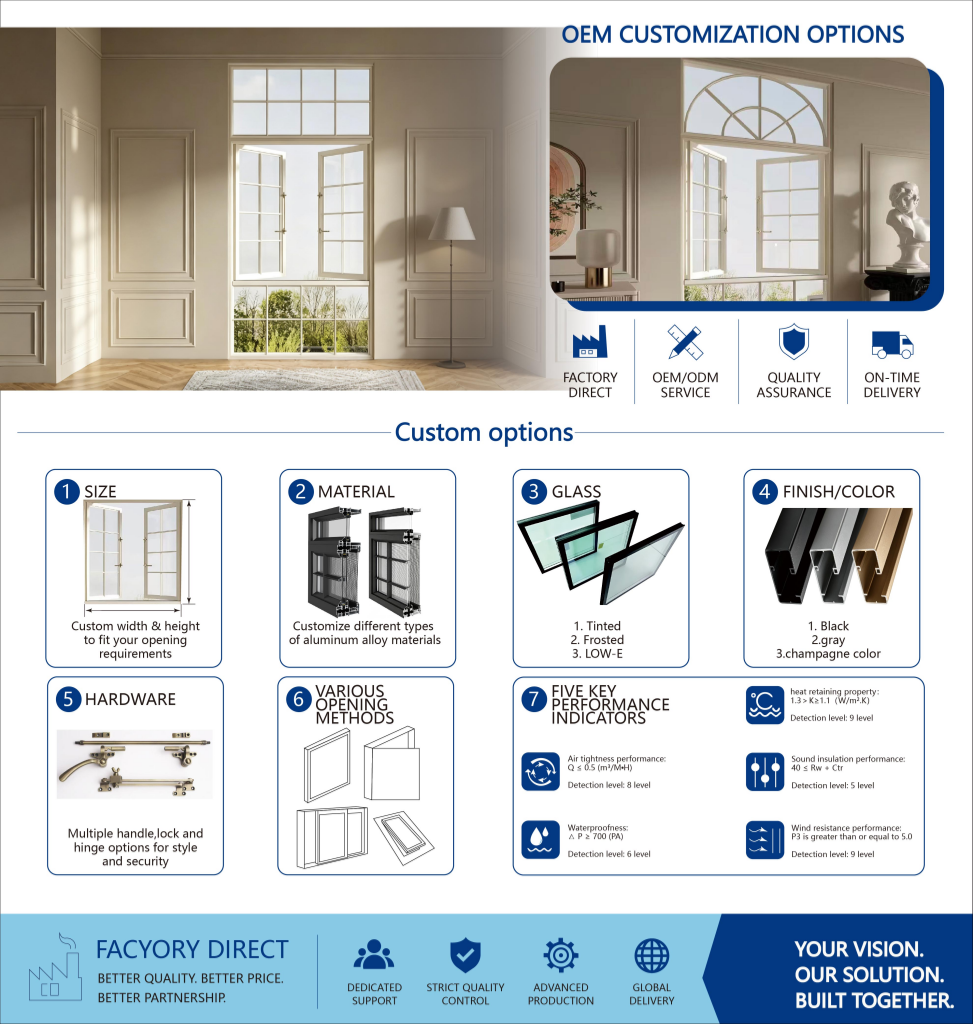 PDP CE Certified Thermal Break Alloy French Casement Window Custom Wholesale Aluminum Outward Louver Villa Kitchen Bathroom