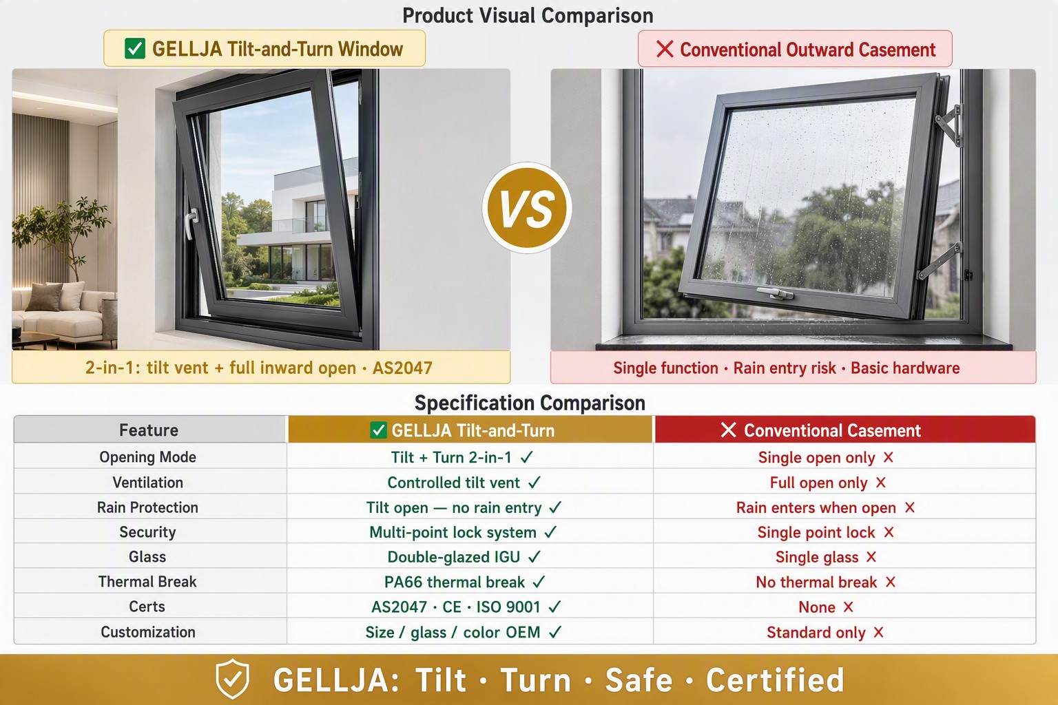 GELLJA Aluminum Alloy Modern Casement Window Tilt Turn Built-in Blinds Slim Frame Heat Insulation Soundproof for Home Apartment