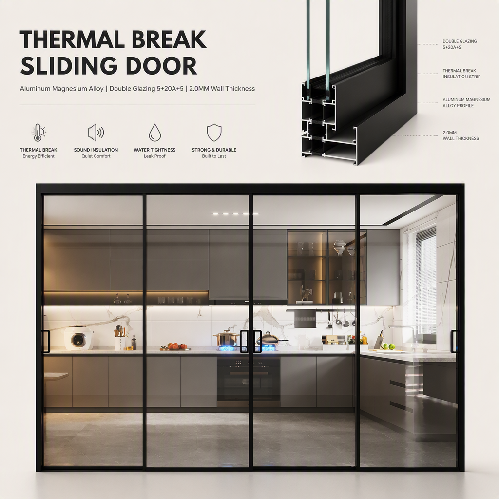 Thermal Break Aluminum Alloy Sliding Glass Door Double Glazing Kitchen Partition Door