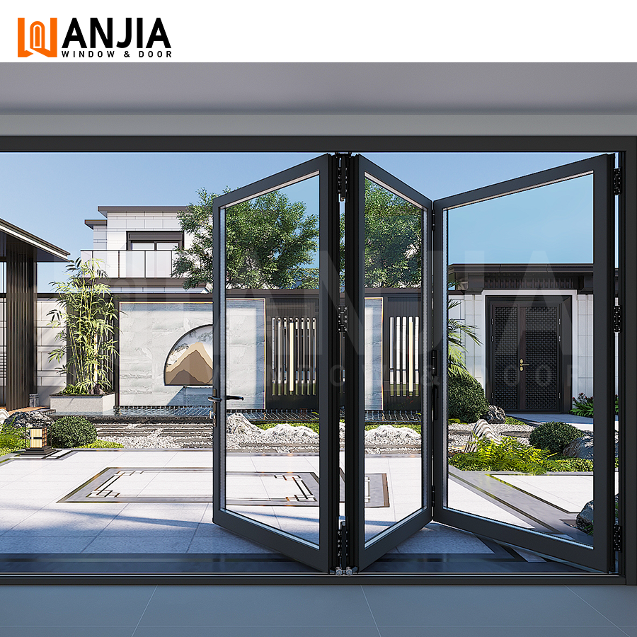 WANJIA Custom Aluminium Glass Accordion Doors Grid Design Hurricane-Proof Exterior Bifold Door