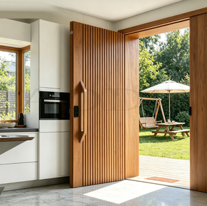 Custom Solid Wood Fluted Sliding Door, Modern Large View Patio Wooden Pivot Door For Villa Kitchen Exterior Entrance