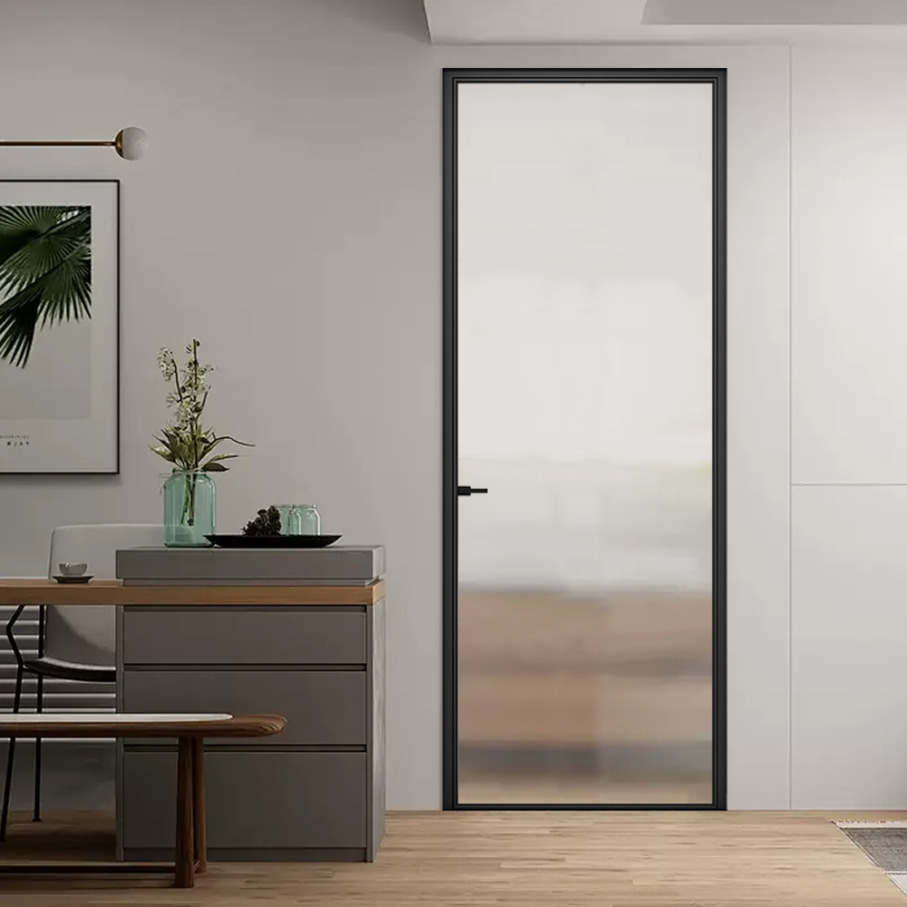 DERCHI Modern Design Villa Aluminum Pocket Door Frosted Glass Slim Frame Space Saving Swing Door for Washroom