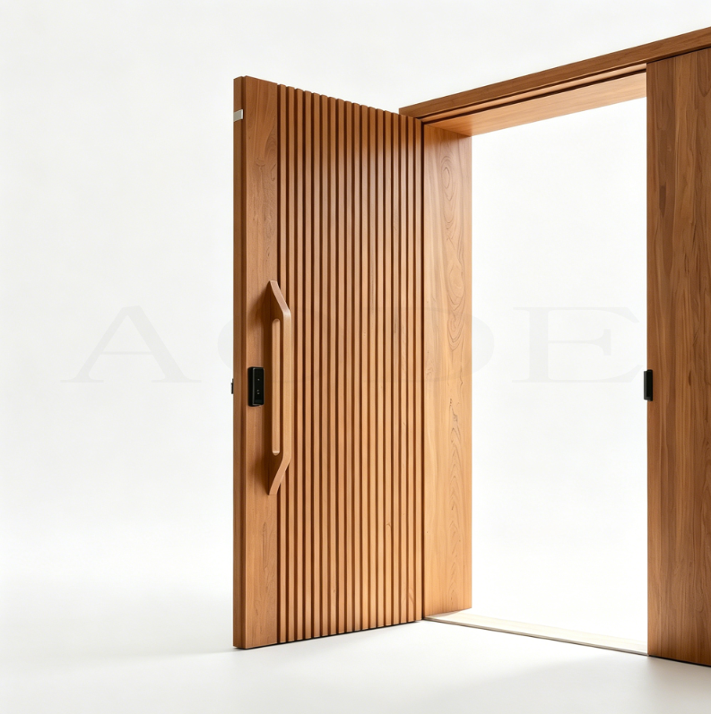 Custom Solid Wood Fluted Sliding Door, Modern Large View Patio Wooden Pivot Door For Villa Kitchen Exterior Entrance