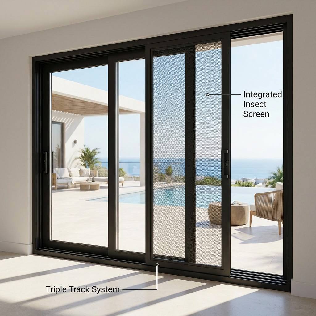 Floor-to-Ceiling Super Slim Sliding Glass Door Six Panel Screen Mesh Full Height Panoramic Clear Tempered Aluminum Frame