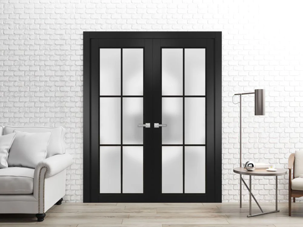 Modern Aluminum Alloy Glass Horizontal Sliding Door Graphic Design French-style Door Frame Black Apartment Interior Door