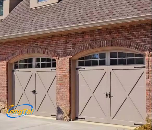 LONG TAI Efficient Black Walnut Solid Wood Look Aluminum Track Slide up Garage Doors With Top Double Glass Windows