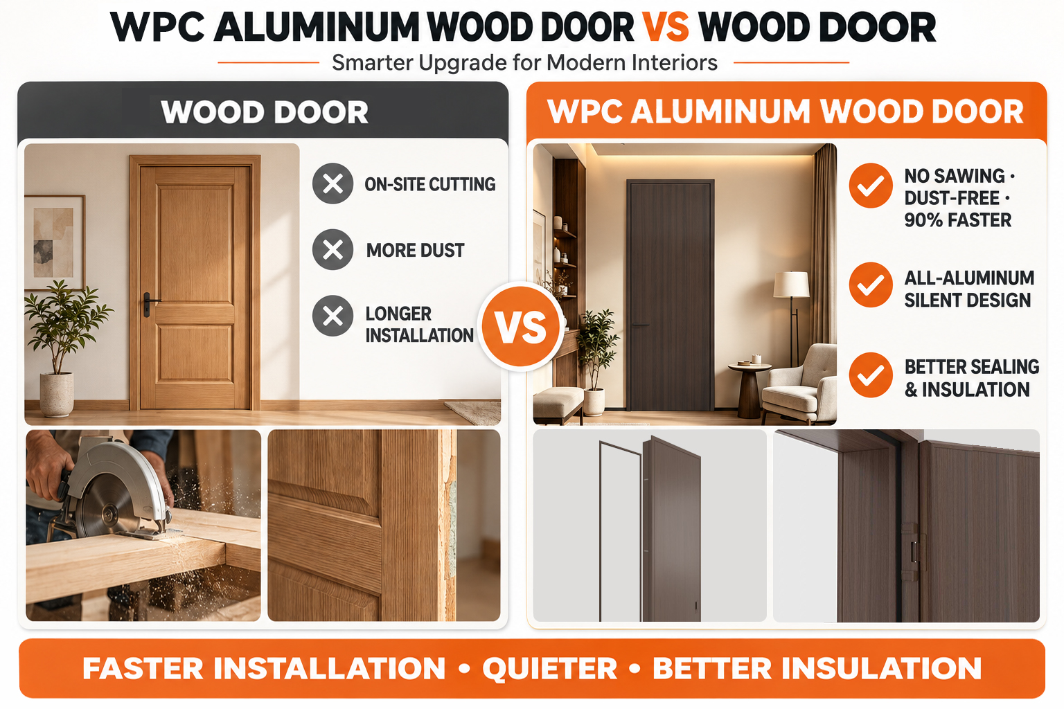 Bedroom Bathroom Residential Soundproof Moisture Resistant Finished Surface Aluminum Wood Composite OEM Hotel Room Interior Door