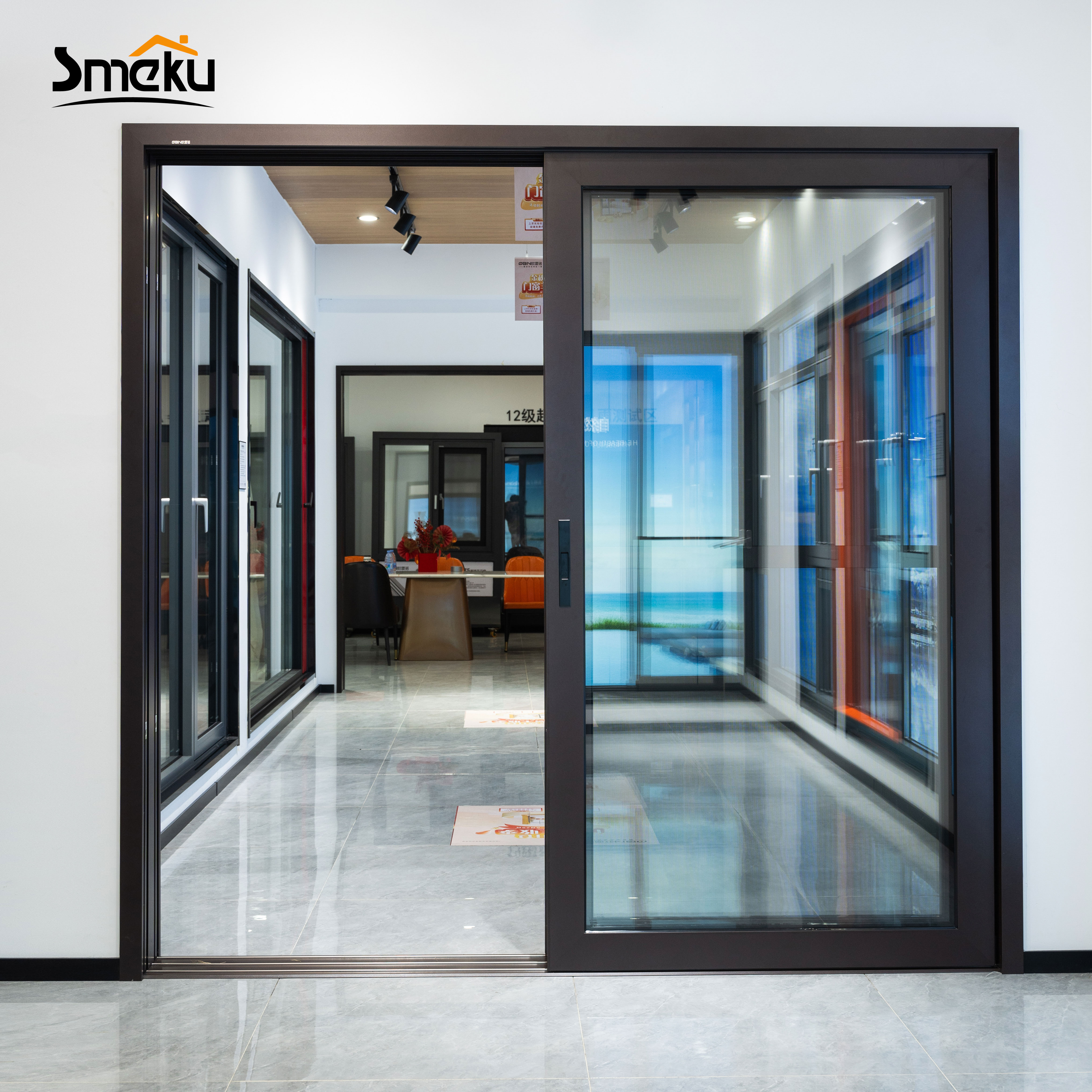 Modern European Style Brown Aluminum Alloy Sliding Door with Double Tempered Glass for Garage and Home Use