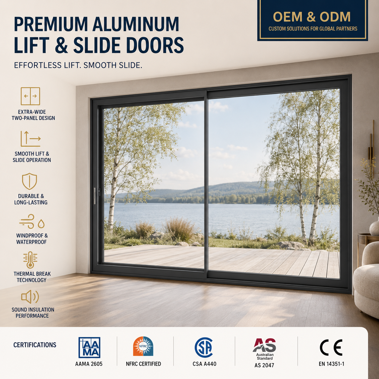 Large Aluminum Lift Slide Door with Double Glazing for Patio Balcony and Garden Projects