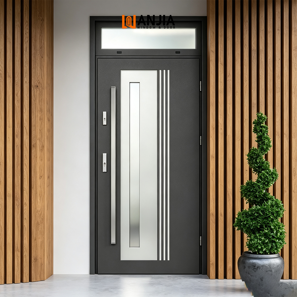 Modern Farmhouse Design Oak Wood Grain Finish Aluminium Doors With Transom Custom Front Entry Doors Exterior Security Doors