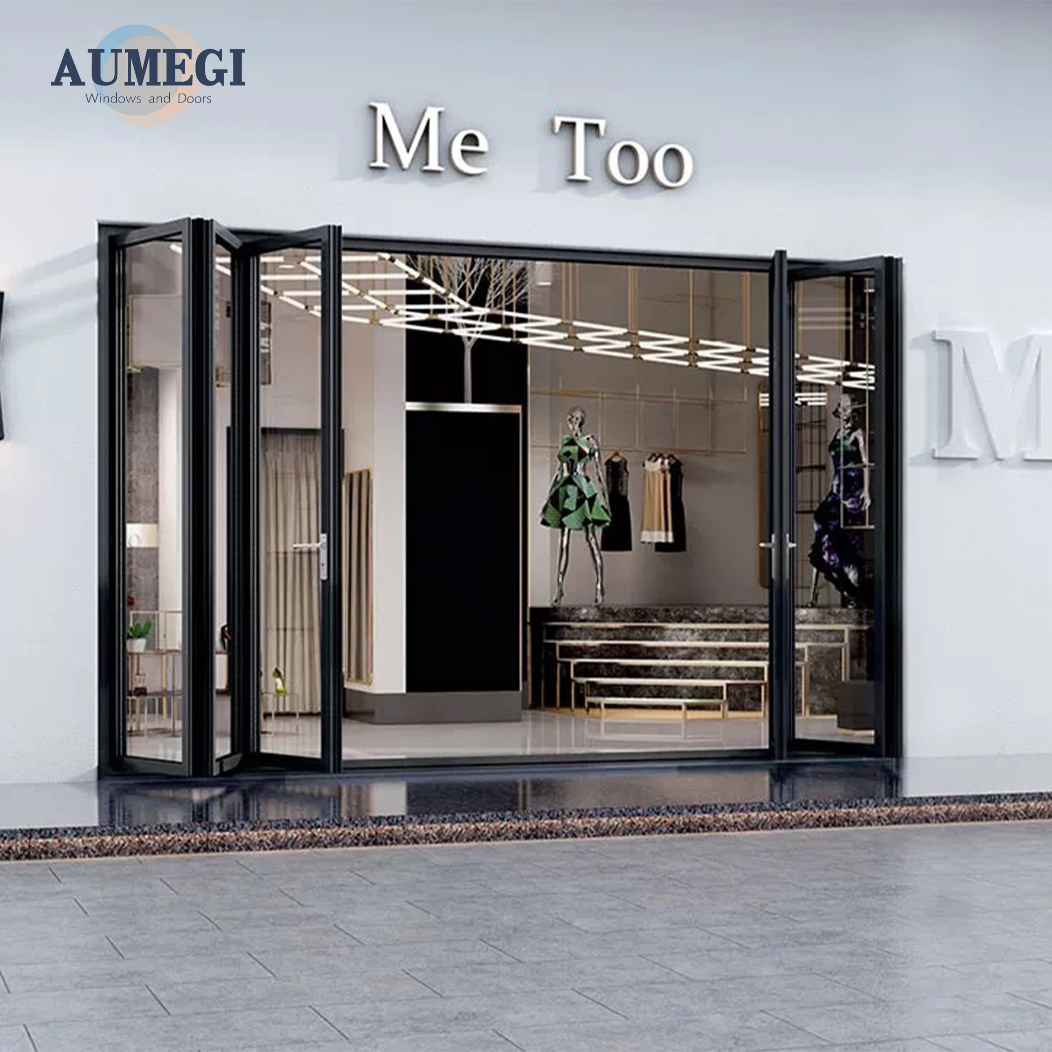 Aumegi Windproof Folding Aluminum Frame Glass Stack Bifold Door Concertina Folding Door Bifold Patio Doors