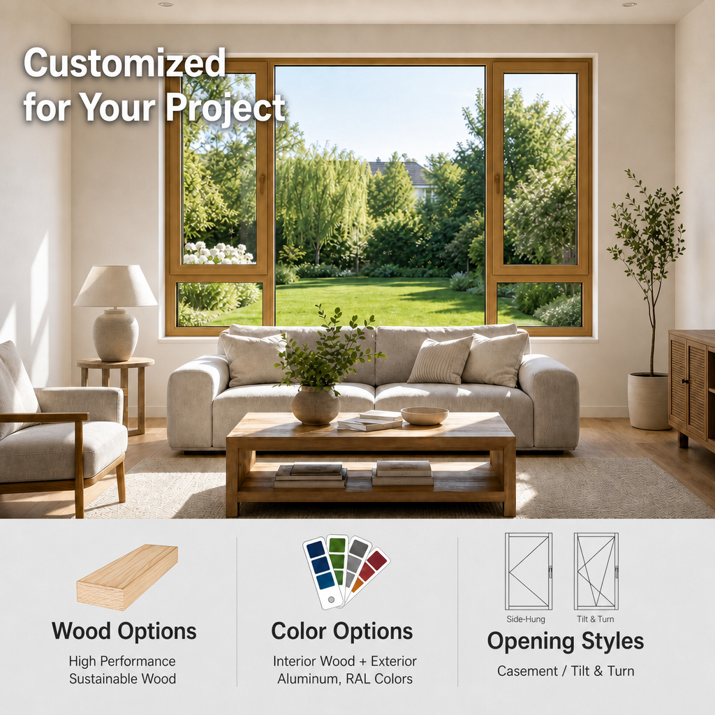 Aluminum Clad Wood Windows Triple Glazed Low-E Glass PHI Certified Energy Star Rated Soundproof for Living Room