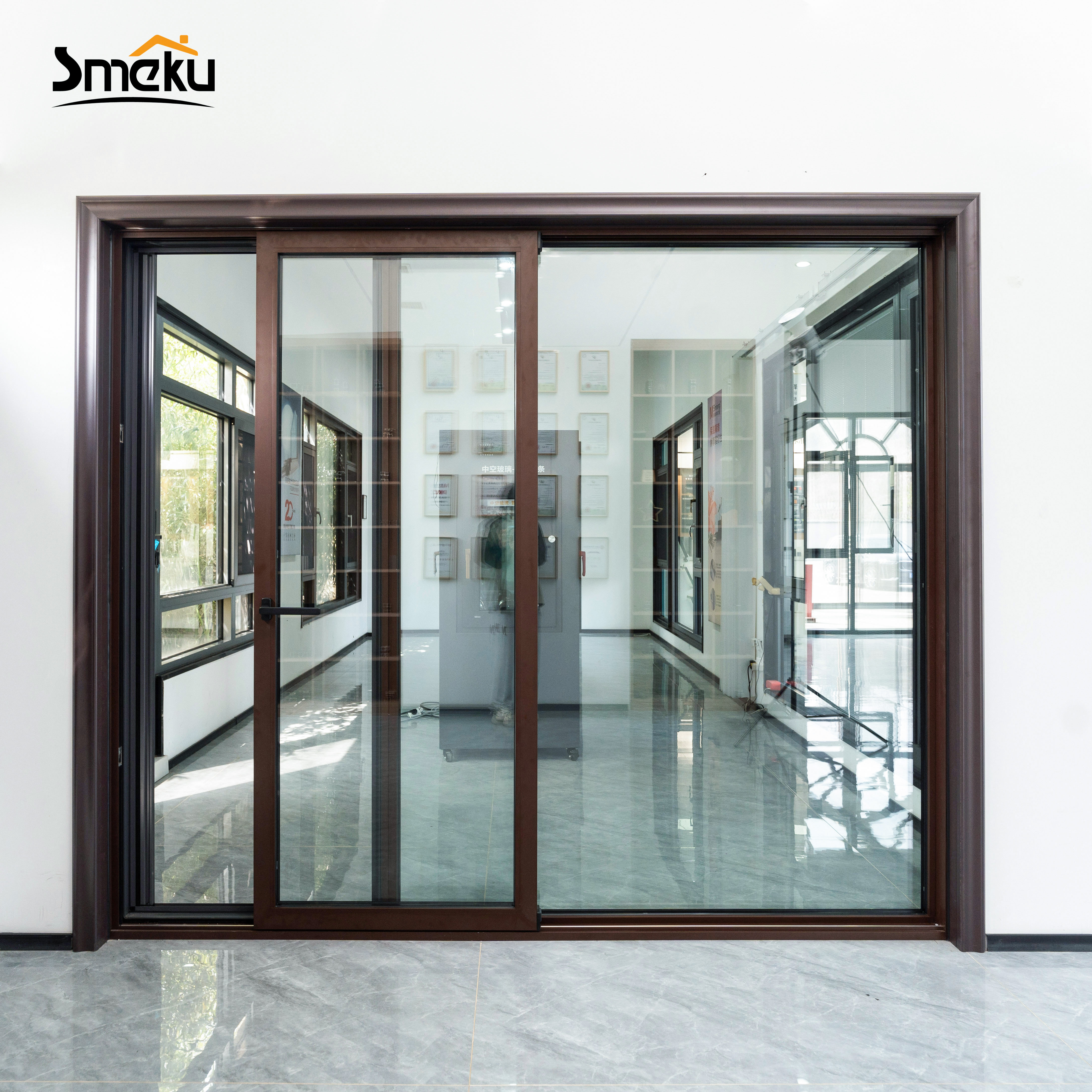 Smeku Modern Brown Aluminum Alloy Glass Sliding Door with Thermal Insulation for Patio Balcony Living Room &amp; Garage