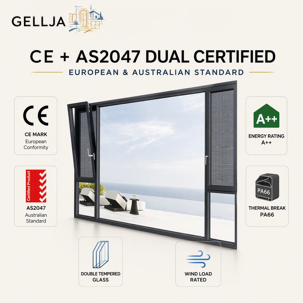 GELLJA Aluminum Alloy Modern Casement Window Tilt Turn Built-in Blinds Slim Frame Heat Insulation Soundproof for Home Apartment