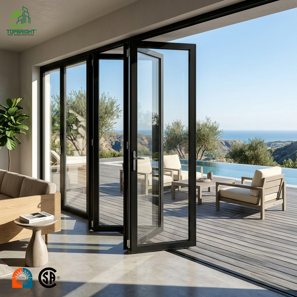 Topbright Modern Black Slim Narrow Frame Aluminum Double-layered Tempered Glass Bi-fold Folding Patio Doors Soundproof Kitchen