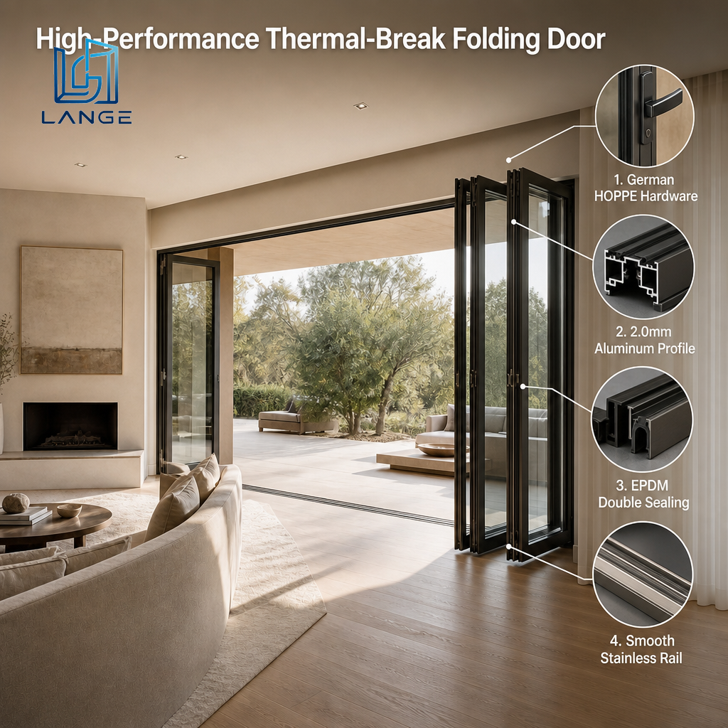 LANGE Customizable Modern Aluminum Bifold Doors Full View Folding Glass Doors Windproof Energy Efficient For Villa Residential