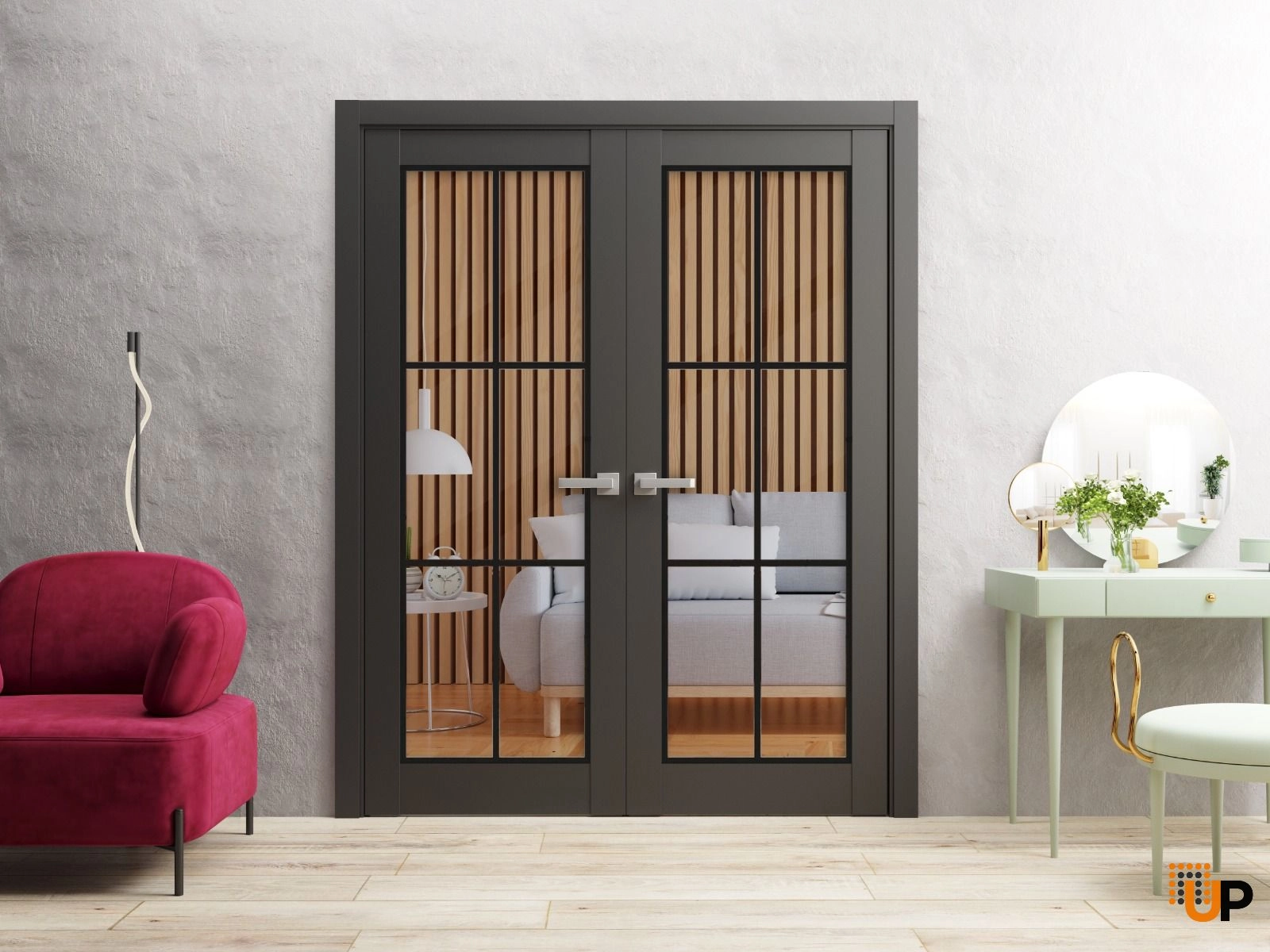 Modern Aluminum Alloy Glass Horizontal Sliding Door Graphic Design French-style Door Frame Black Apartment Interior Door