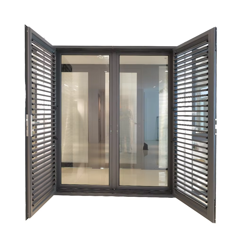 Modern Finished Exterior Aluminum Black 76 Model French Casement Doors Soundproof Hurricane Proof Impact Resistant Glass Doors
