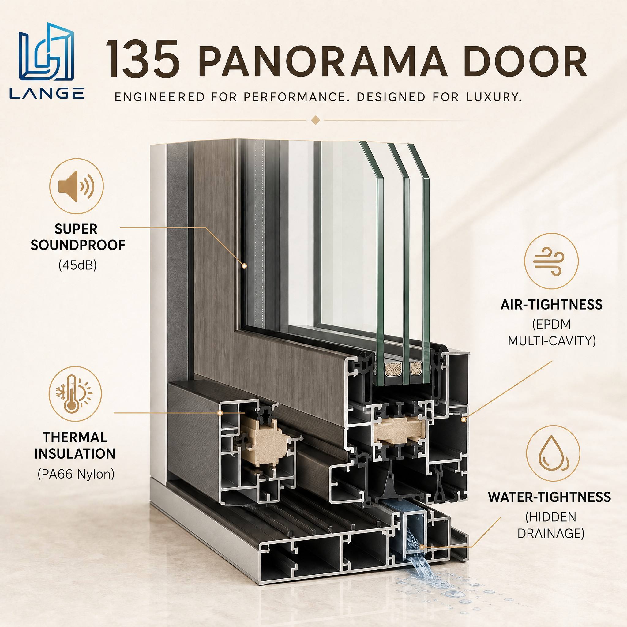 Lange Large Glass Aluminum Door Energy Efficient Hurricane Impact Resistant Waterproof Multi Panel Sliding Doors