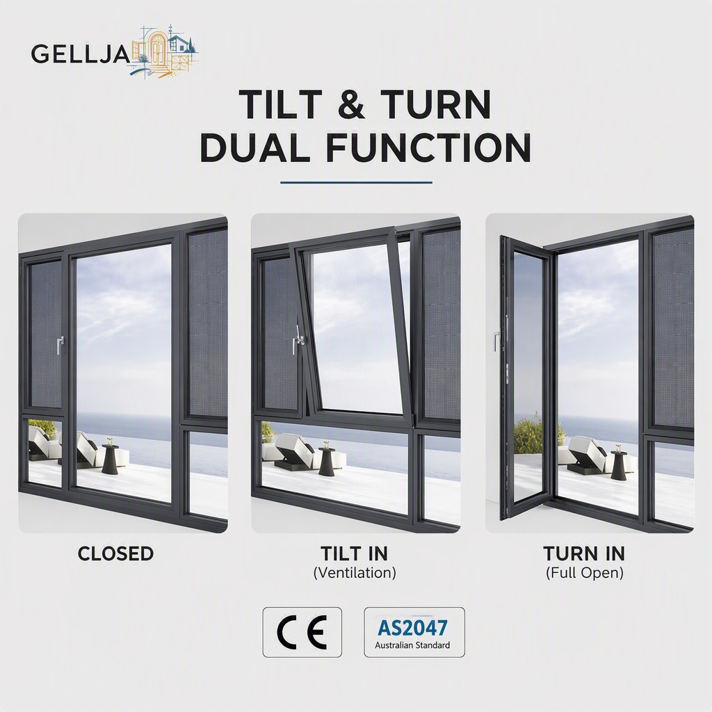 GELLJA Aluminum Alloy Modern Casement Window Tilt Turn Built-in Blinds Slim Frame Heat Insulation Soundproof for Home Apartment