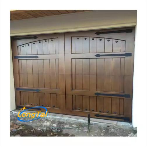 LONG TAI Efficient Black Walnut Solid Wood Look Aluminum Track Slide up Garage Doors With Top Double Glass Windows