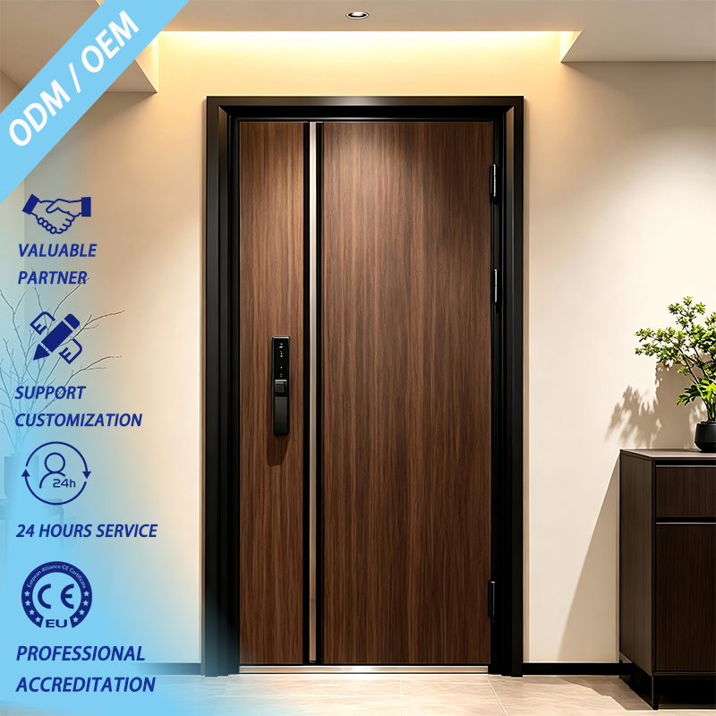 Top Timber Grain Aluminum Entrance Door for Farmhouse with Mechanical Lock Security Exterior Metal Frame