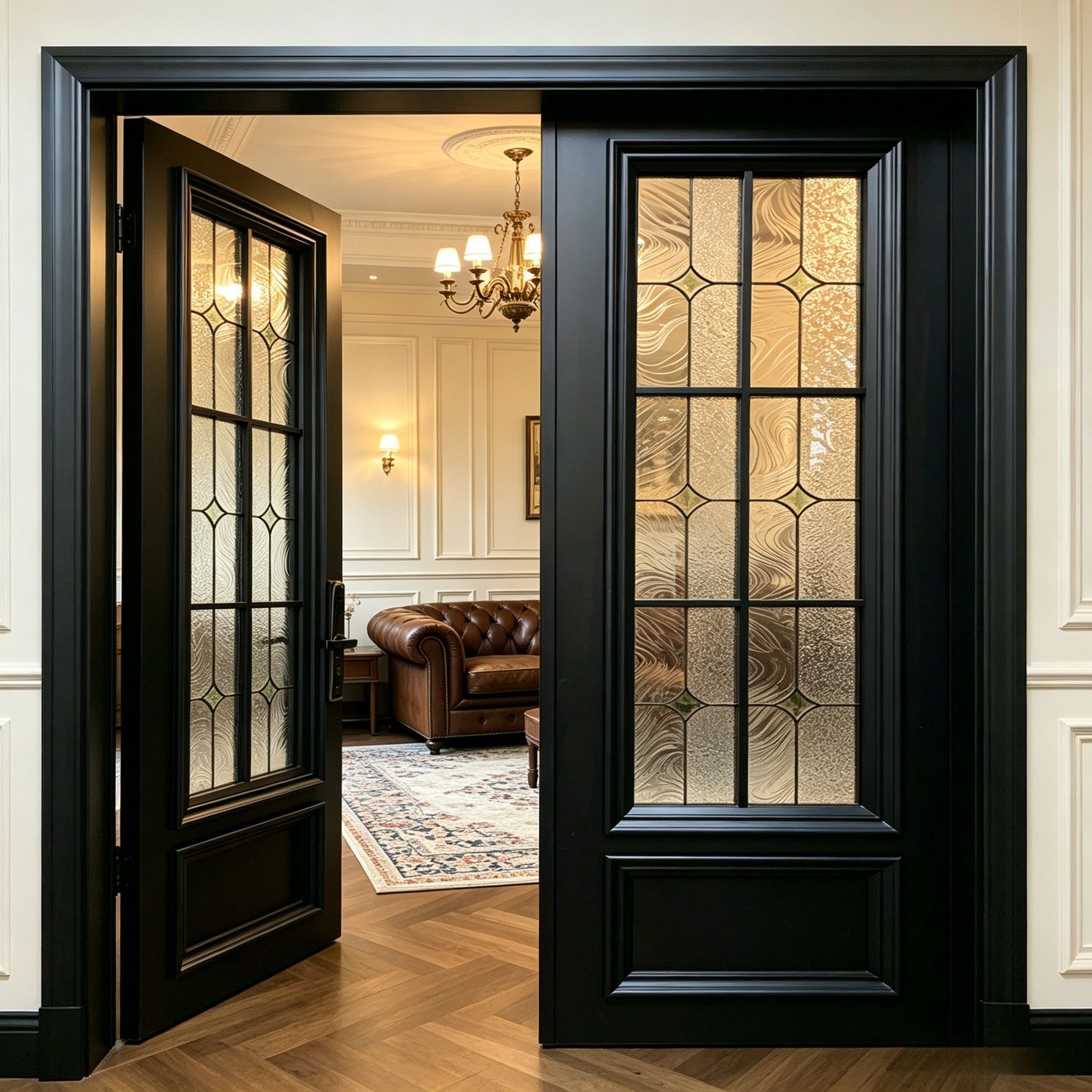 Aomeja Luxury French Vintage Aluminum Double Entry Door Interior Modern Black Frame Decorative Stained Glass Exterior Dining