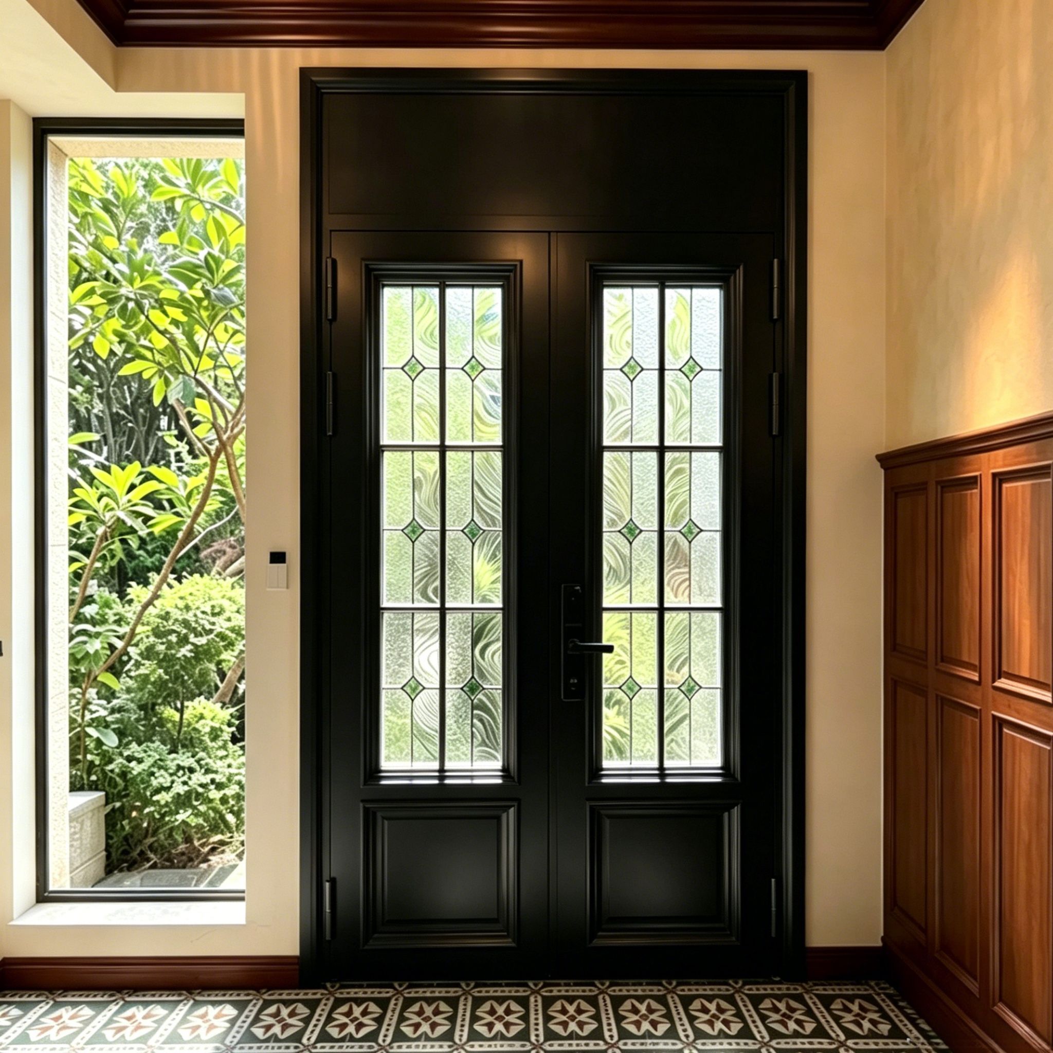 Aomeja Luxury French Vintage Aluminum Double Entry Door Interior Modern Black Frame Decorative Stained Glass Exterior Dining