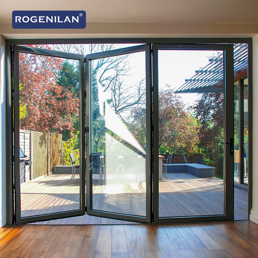 Rogenilan Thermal Insulation Triple Glass Folding Door Aluminum Accordion Retractable Sliding Patio Doors Exterior