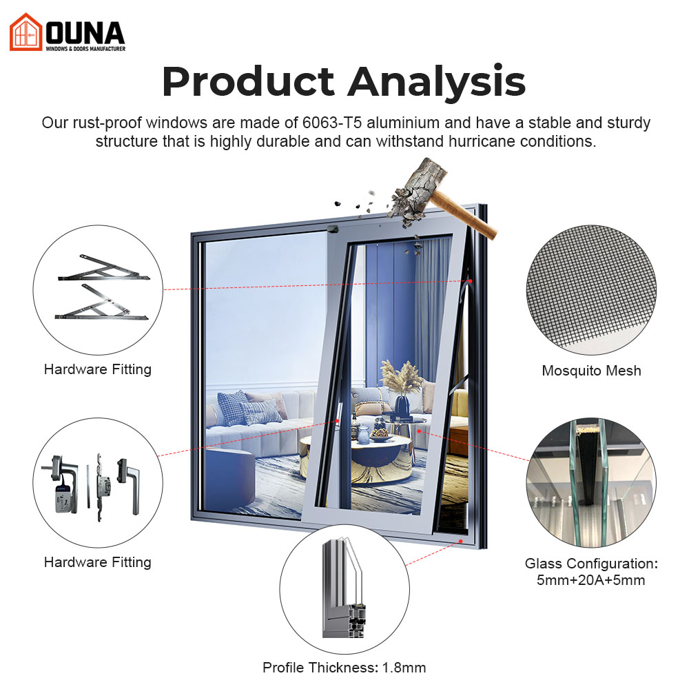 OUNA Factory Aluminum Alloy Casement Window Double Tempered Glass Thermal Break Hurricane Impact Proof AS2047 Awning Window
