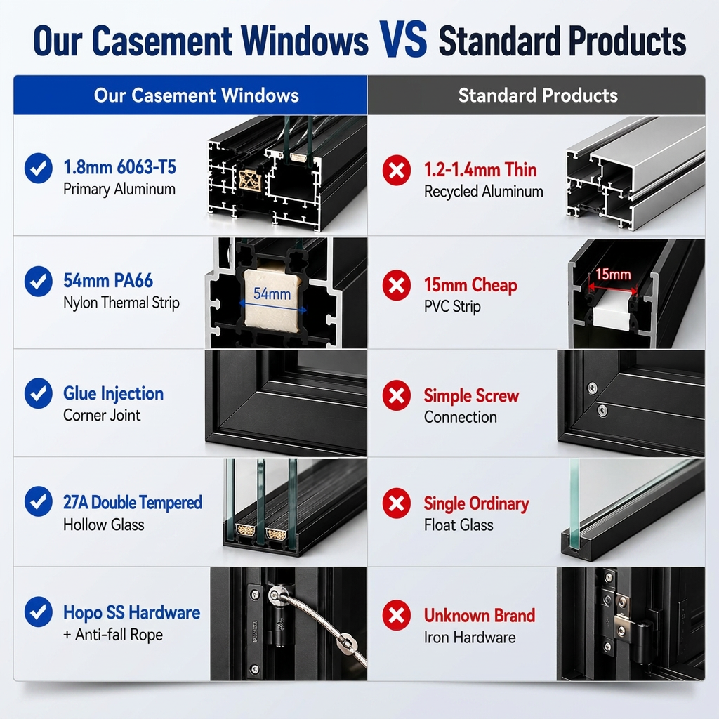 NFRC Four Seal Thermal Break Aluminum Alloy Modern Casement Swing Windows with 54mm Insulation for High Rise Bedroom Apartment