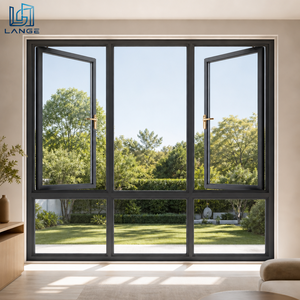 LANGE Hurricane Proof Low-E Glass Casement Windows with Screens Outward Opening Aluminum Windows for Villa Residential Houses