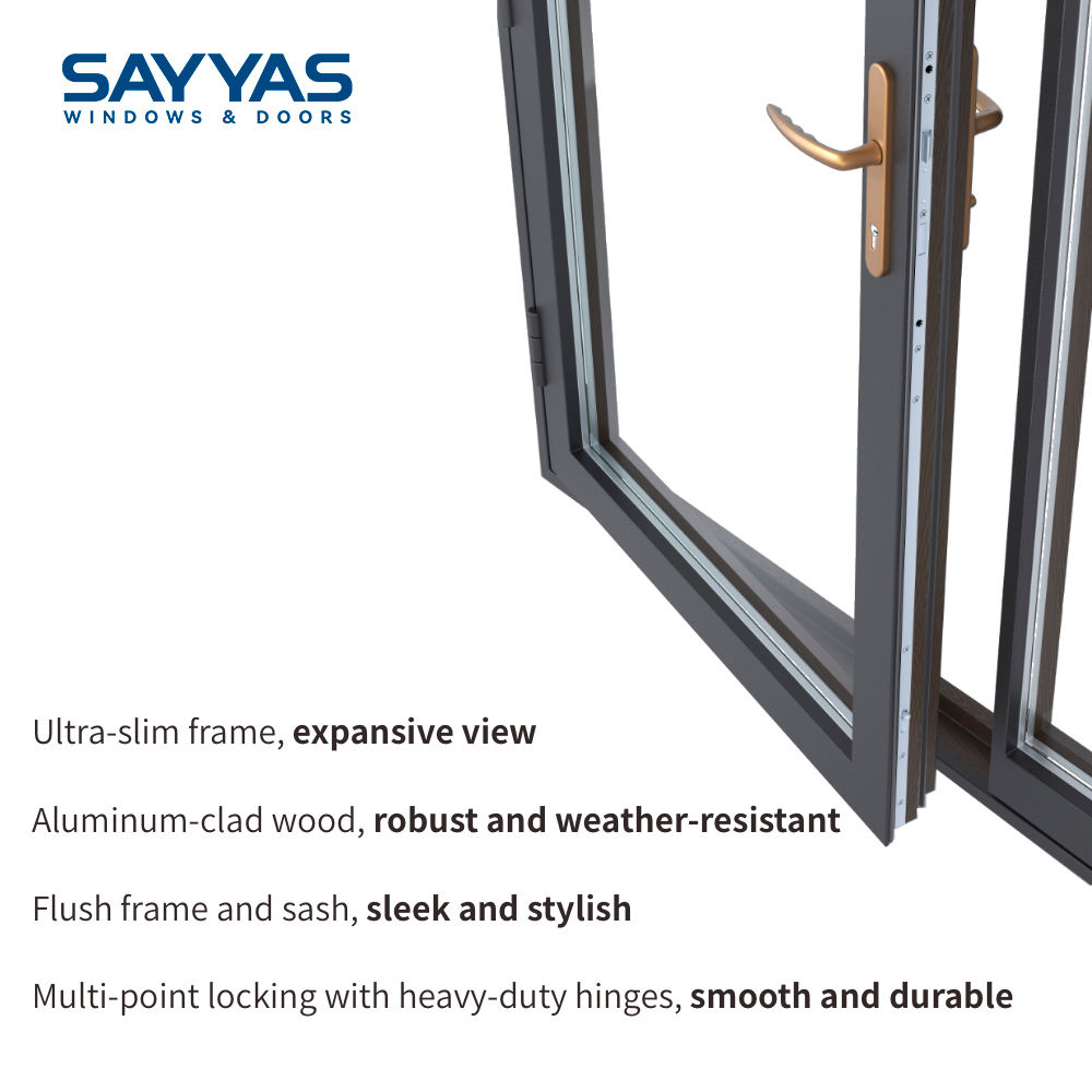 Sayyas A86slim Modern Aluminum Clad Wood French Doors Low-E Glass Energy Star Rated Sound Insulation 5-Year Supermarket Outdoor