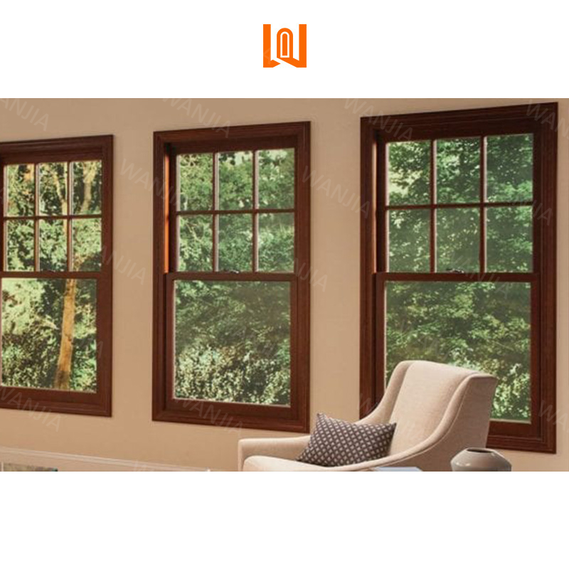 WANJIA Interior Replacement Aluminum Wooden Windows Soundproofing Double Glazed Single Hung Windows Aluminum Clad Windows