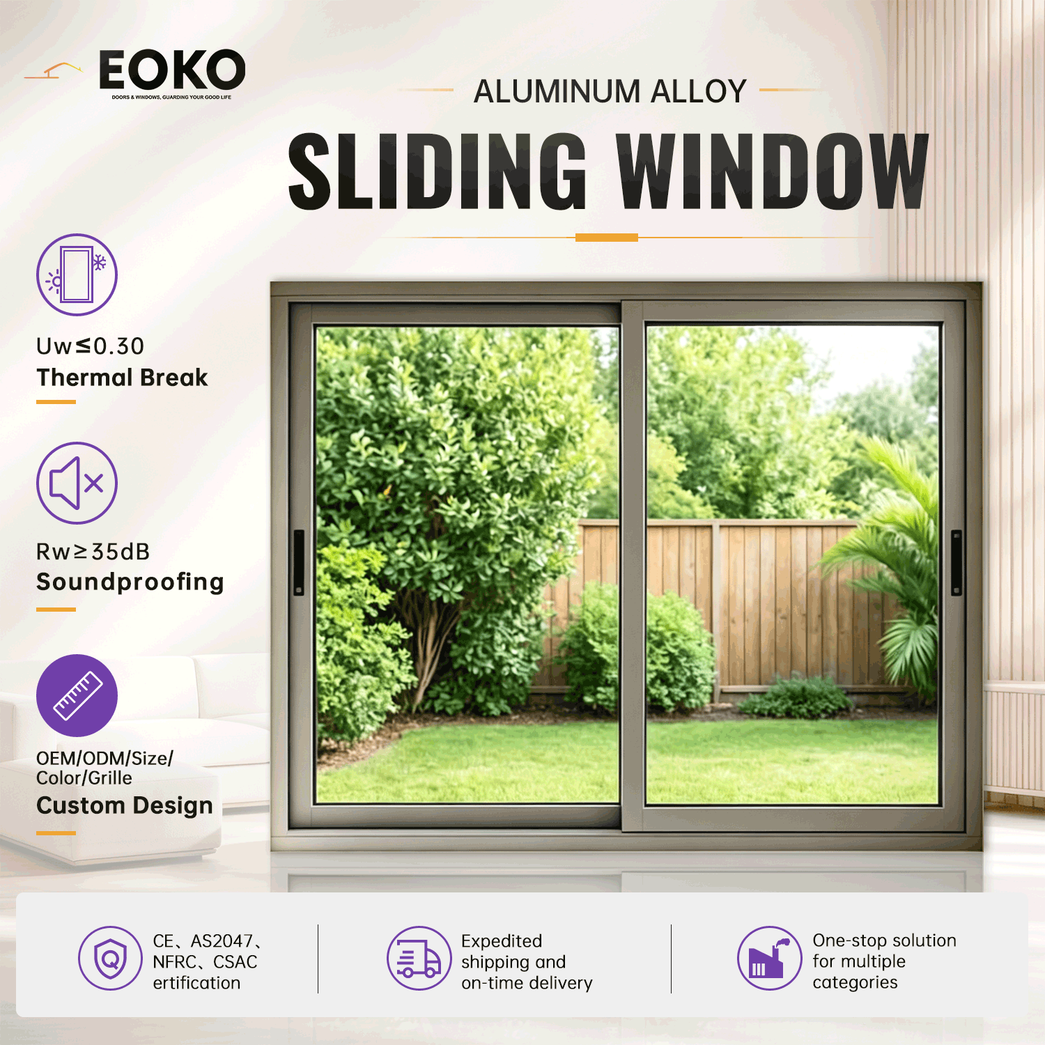 EOKO Energy Efficient Glass Sliding Windows NFRC Certified Thermal Break Aluminum Sliding Window For Builders Apartment