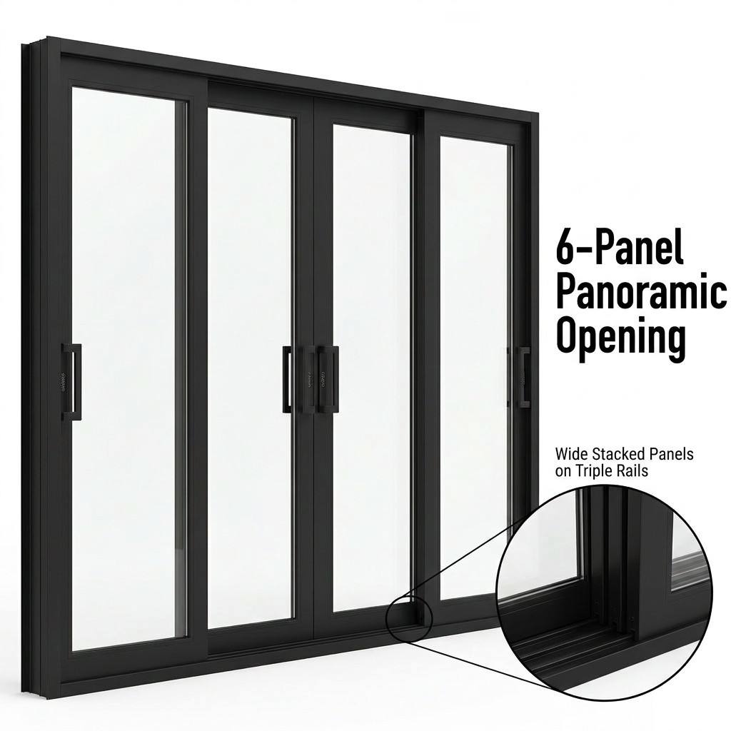 Floor-to-Ceiling Super Slim Sliding Glass Door Six Panel Screen Mesh Full Height Panoramic Clear Tempered Aluminum Frame