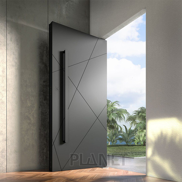 Modern Geometric Black Pivot Door Waterproof Swing Aluminum Patio Exterior French Pivot Door