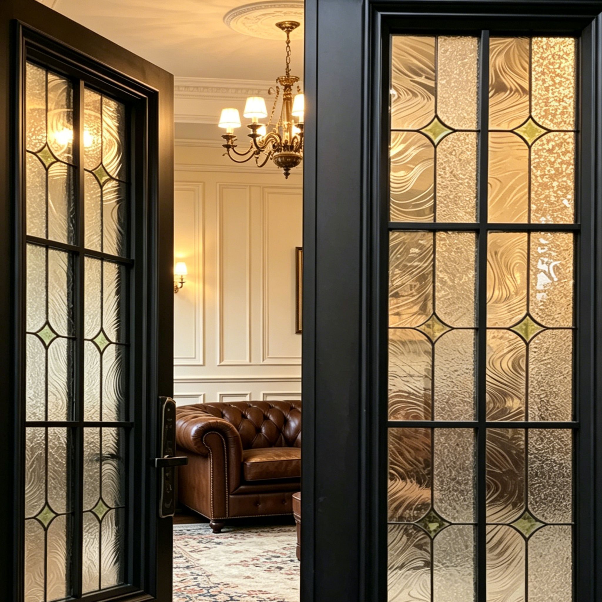 Aomeja Luxury French Vintage Aluminum Double Entry Door Interior Modern Black Frame Decorative Stained Glass Exterior Dining