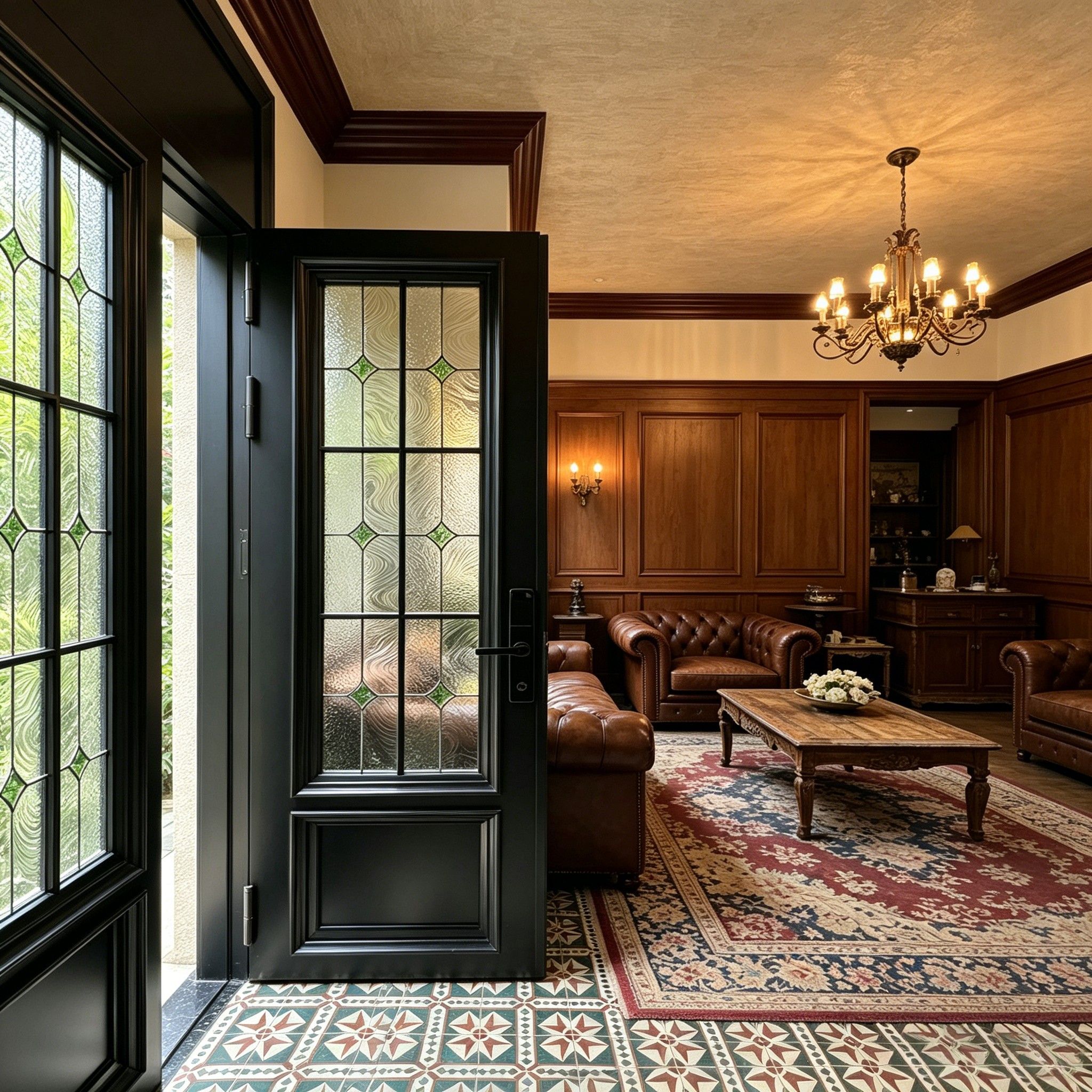 Aomeja Luxury French Vintage Aluminum Double Entry Door Interior Modern Black Frame Decorative Stained Glass Exterior Dining