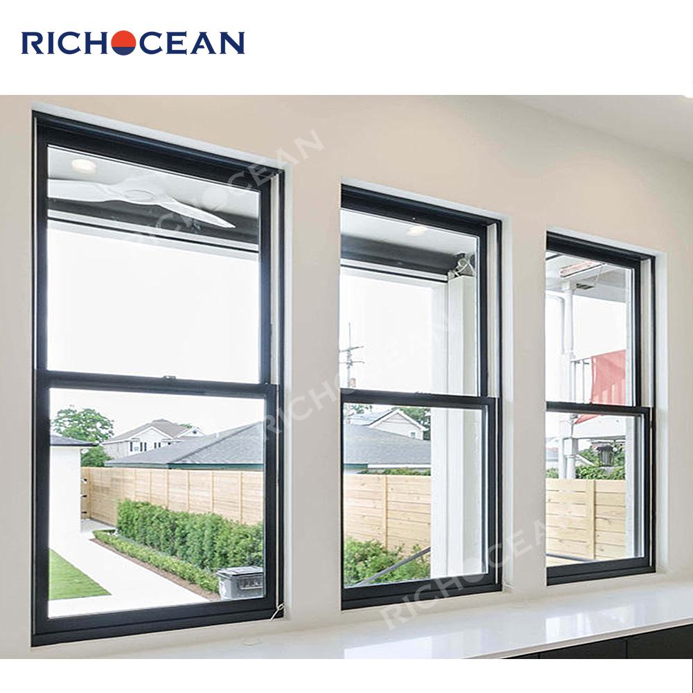 RICHOCEAN Factory Custom Black Aluminum Double Hung Windows Double Pane Insulated Tempered Glass Window