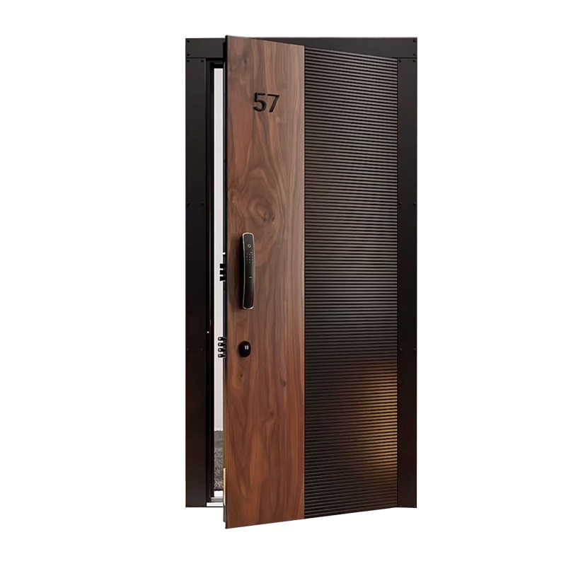 Exquisitely Carved Cast Aluminum Double-Layer Entrance Security Door Wood Grain Finish Postmodern Design for Home Villa Entry
