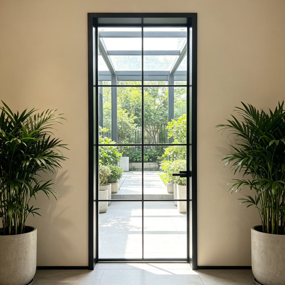 Luxury Slim Frame Aluminum Tempered Steel Swing Door Cool Black Minimalist Design Sound Insulation Customizable Size Exterior