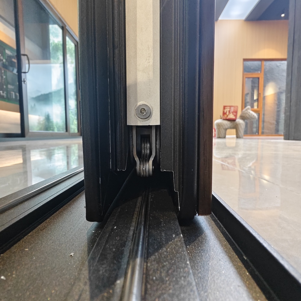 Modern Aluminum Clad Wood Sliding Door Thermal Break Double Glazed Low-E Dark Walnut Interior for Villa Patio