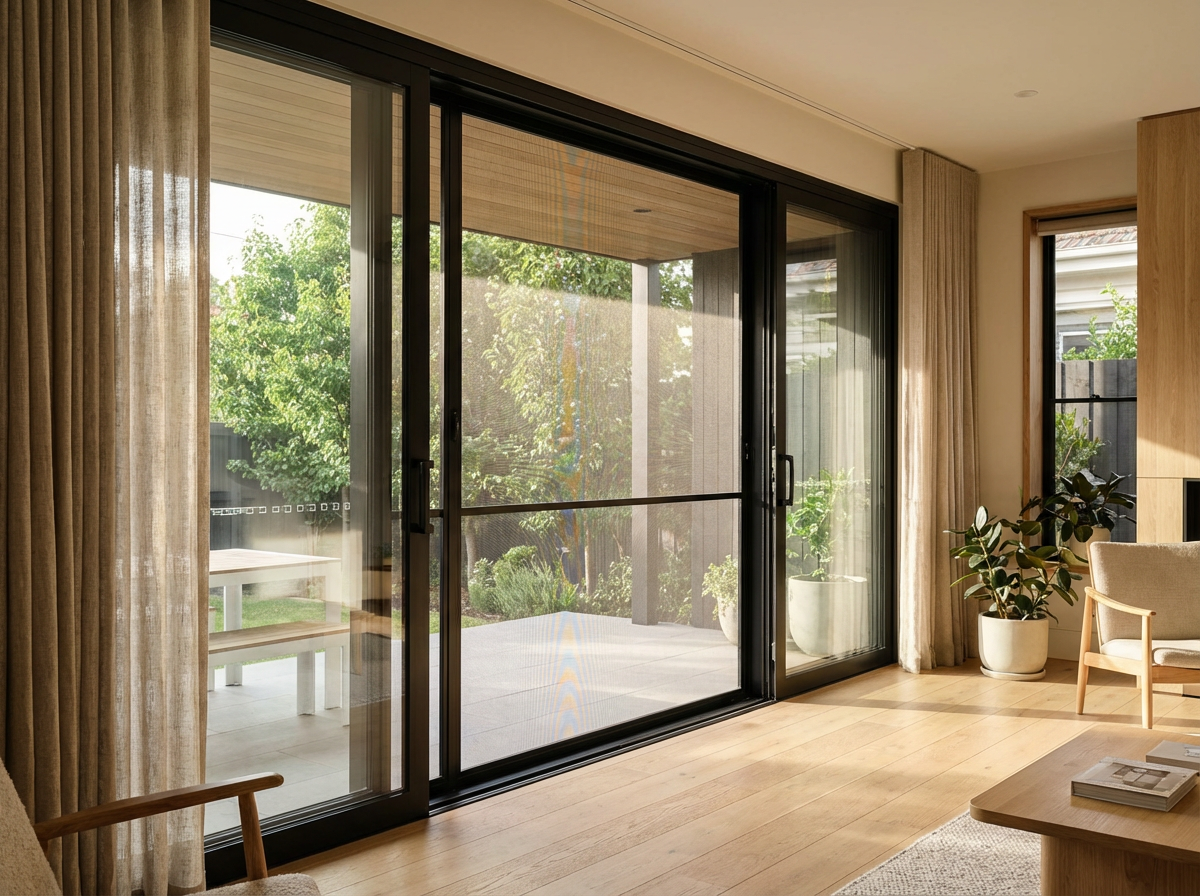 Floor-to-Ceiling Super Slim Sliding Glass Door Six Panel Screen Mesh Full Height Panoramic Clear Tempered Aluminum Frame