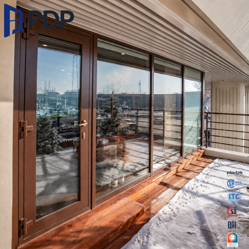 PDP High-Security Anti-Theft Aluminium Clad Wood Glass Casement Doors For Courtyard And Balcony